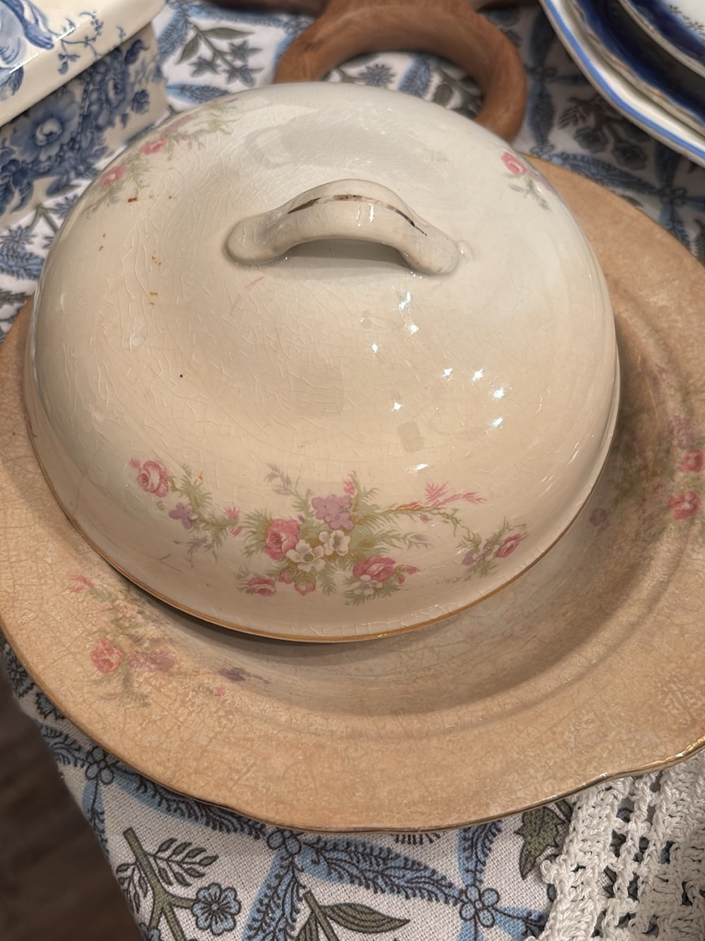 Vintage Floral Covered Butter Dish - Pink & Cream